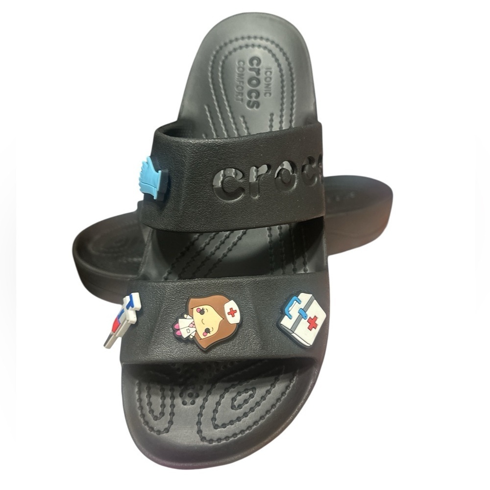CROCS women’s Black Slide Sandals with Medical Charms